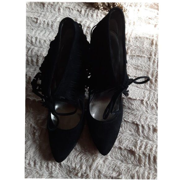 Calvin Klein Size 9M Black Suede Stiletto Lace Up Fringe Heels Statement Style - Picture 3 of 8